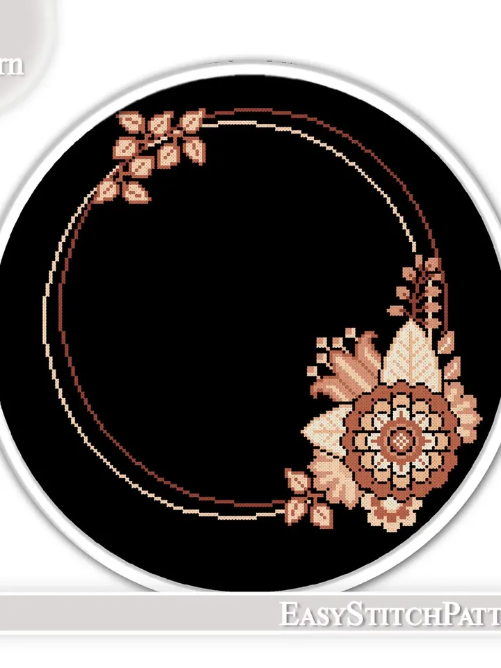 Modern cross stitch pattern. Floral Wreath cross stitch. Flower frame cross stitch. Hoop art.