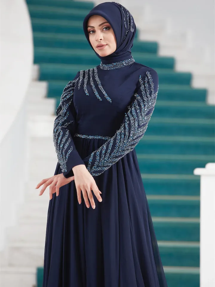 AHUNARE HIJAB - Liz  Navy Blue Chiffon Wedding Dress, Muslim Evening Gown, Nikah, Islamic Wedding, Engagement, Bridesmaid,