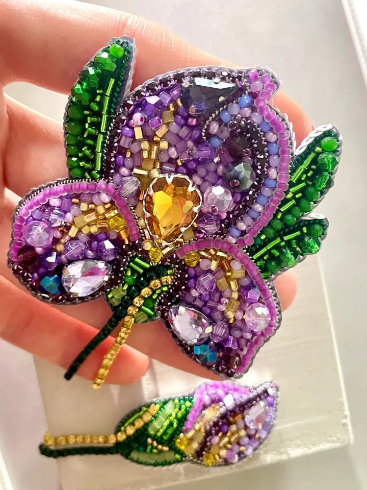 Iris Set of Beaded Brooches, Handmade Embroidered Accessory, Pin Flower of Purpel and Golden Colors, Flower Brooch