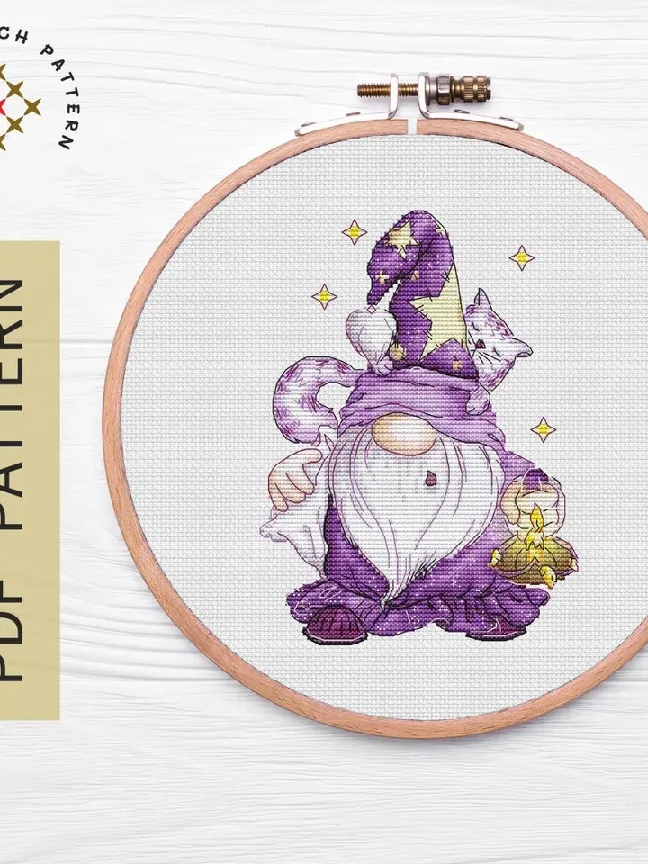Funny Gnome Cross Stitch Pattern PDF, Cat Gnome Counted Cross Stitch, Cute Gnome Embroidery Instant Download File