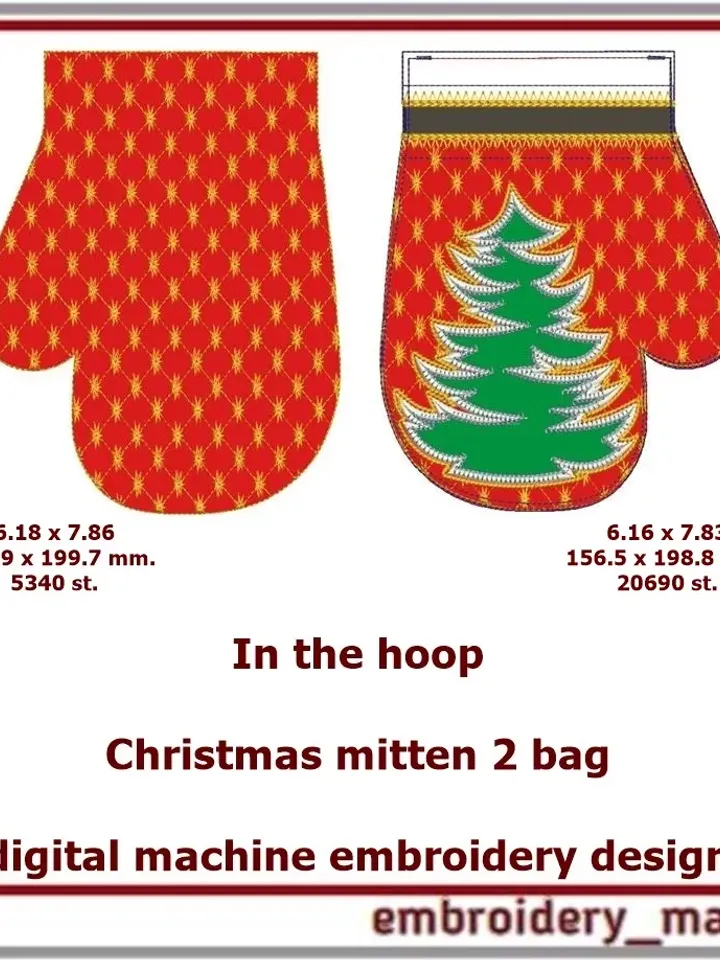 In the hoop embroidery design Christmas mitten Gift bag 2
