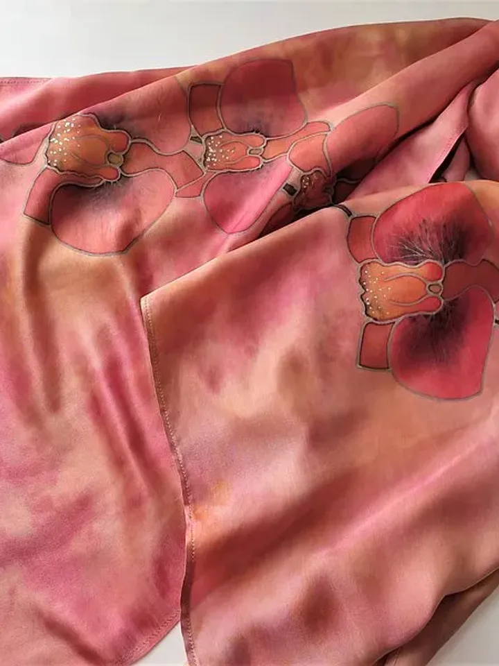 Beautiful long silk scarf Hand painted scarf Orchid print scarf silk satin scarf