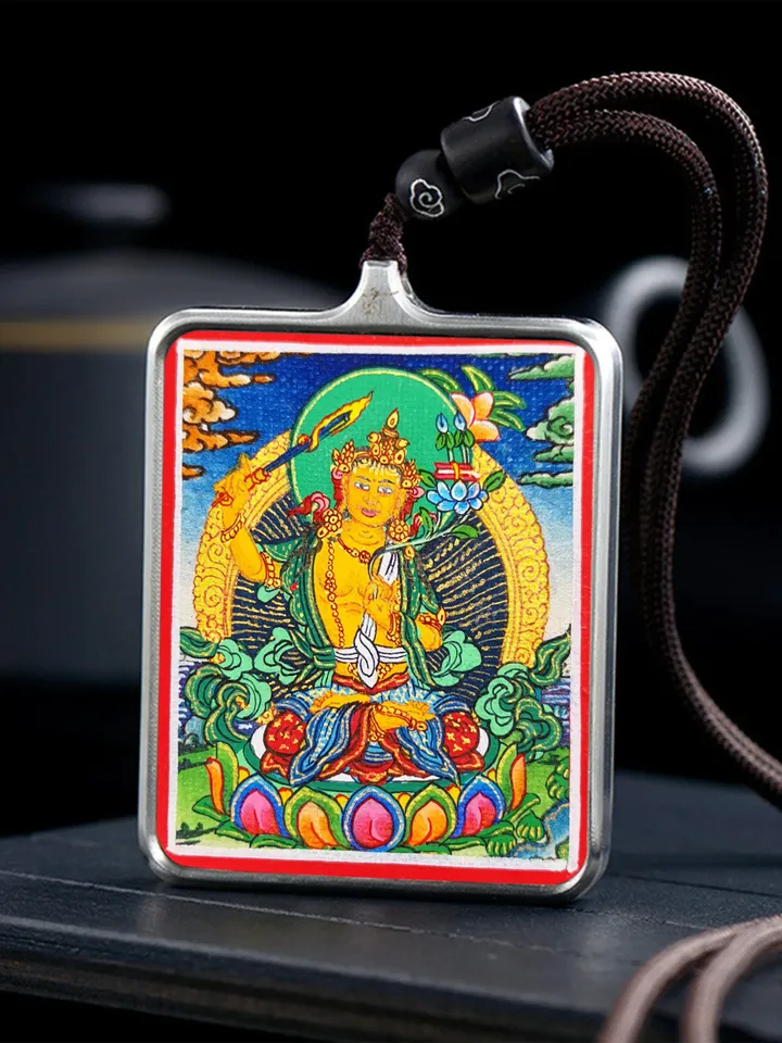 Gandhanra Handpainted Locket Thangka Amulet,Manjusri,Wisdom Buddha,Packed in Gau Shrine Box