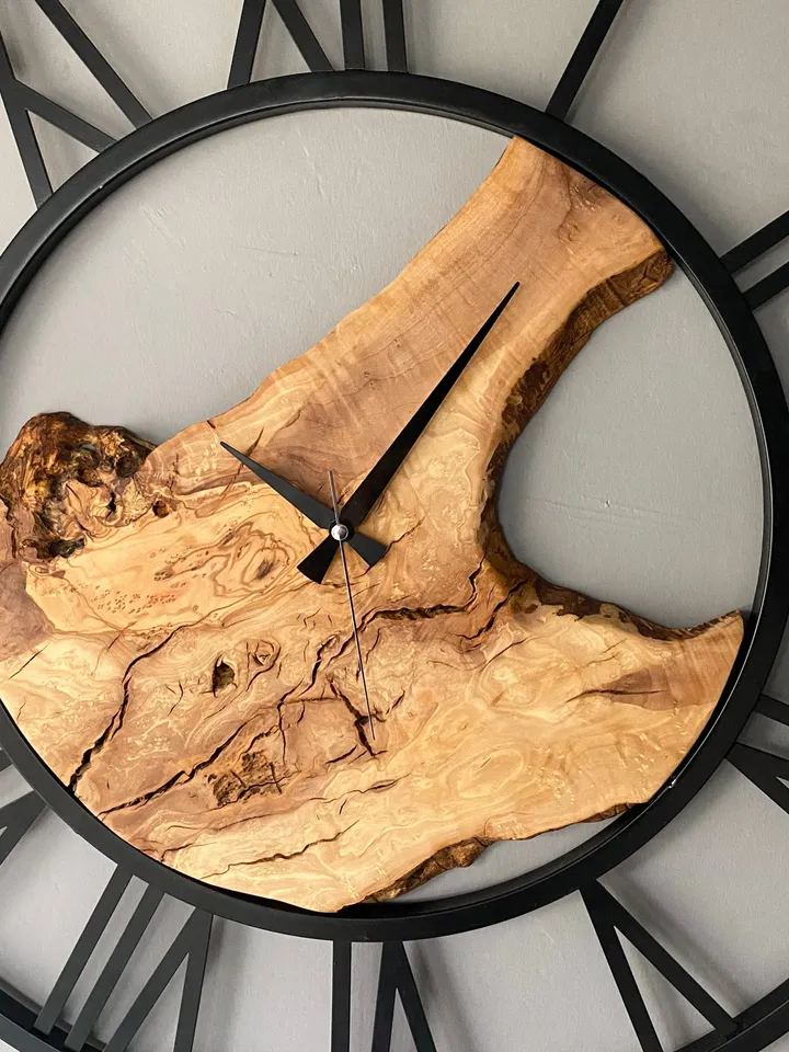 Metal&Olive Wood Wall Clock, 28"(70cm) Unique Wall Clock, Wooden Wall Clock, Live Edge Wall Clock, Farmhouse Clock