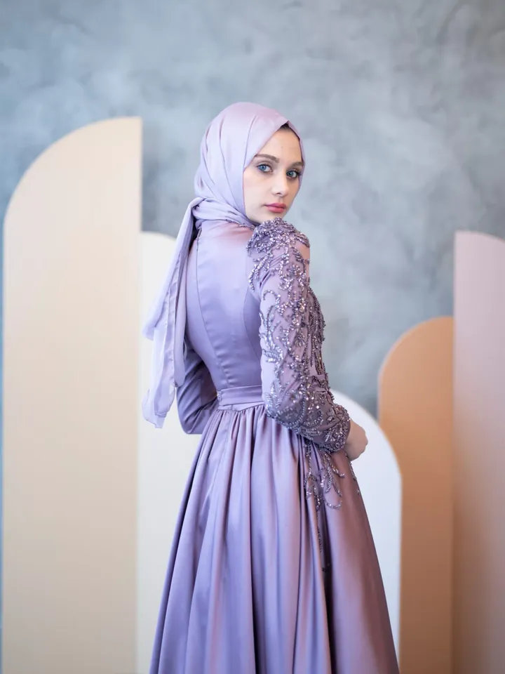 AHUNARE HIJAB - Lara Romantik  Lilac Satin Wedding Dress, Muslim Evening Gown, Nikah, Islamic Wedding, Engagement, Bridesmaid,