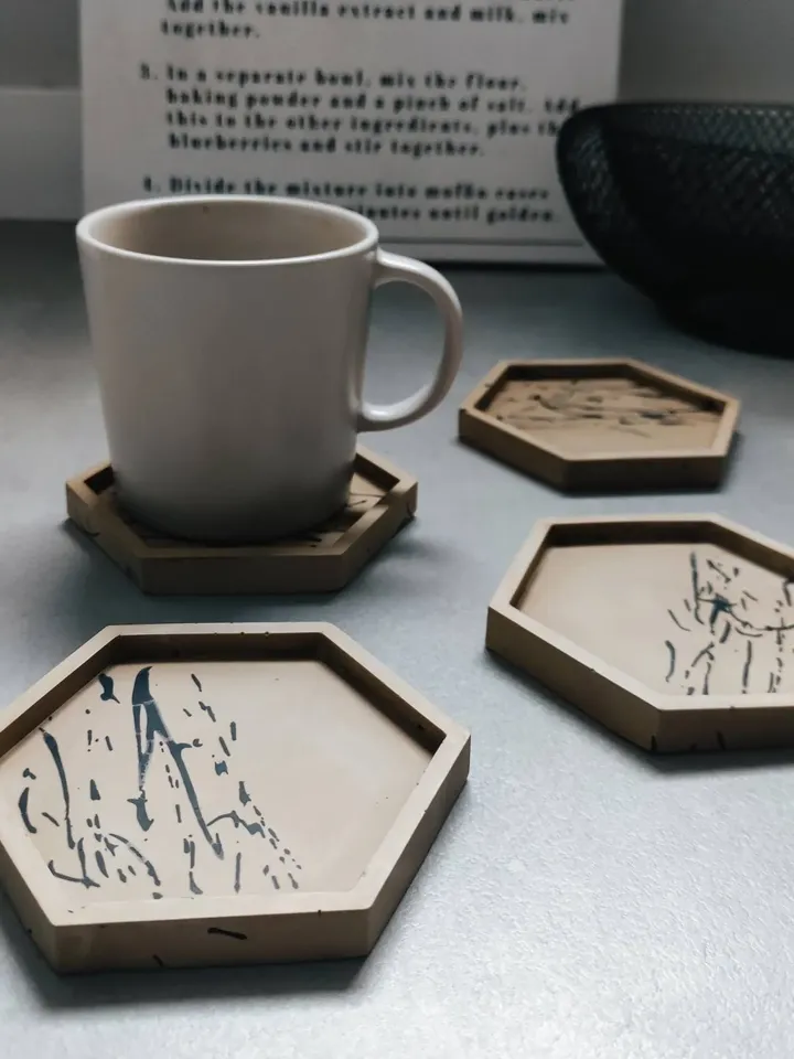 Jesmonite hexagonal trays / coasters with splashes in greige