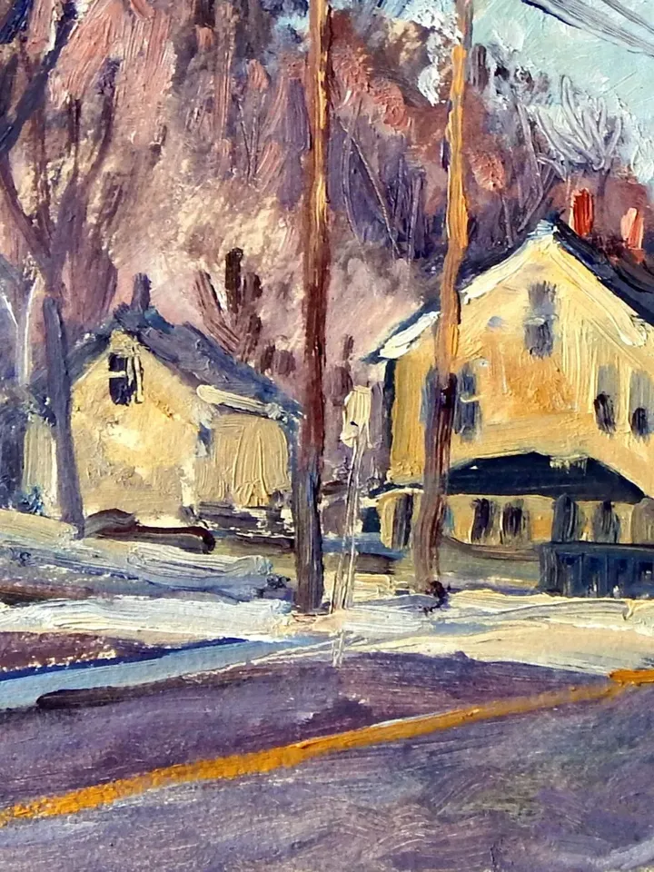 New England Landscape Painting - Houses and Poles- 8x12 Oil on Panel, Plein Air Impressionist Fine Art, Signed Original Cityscape
