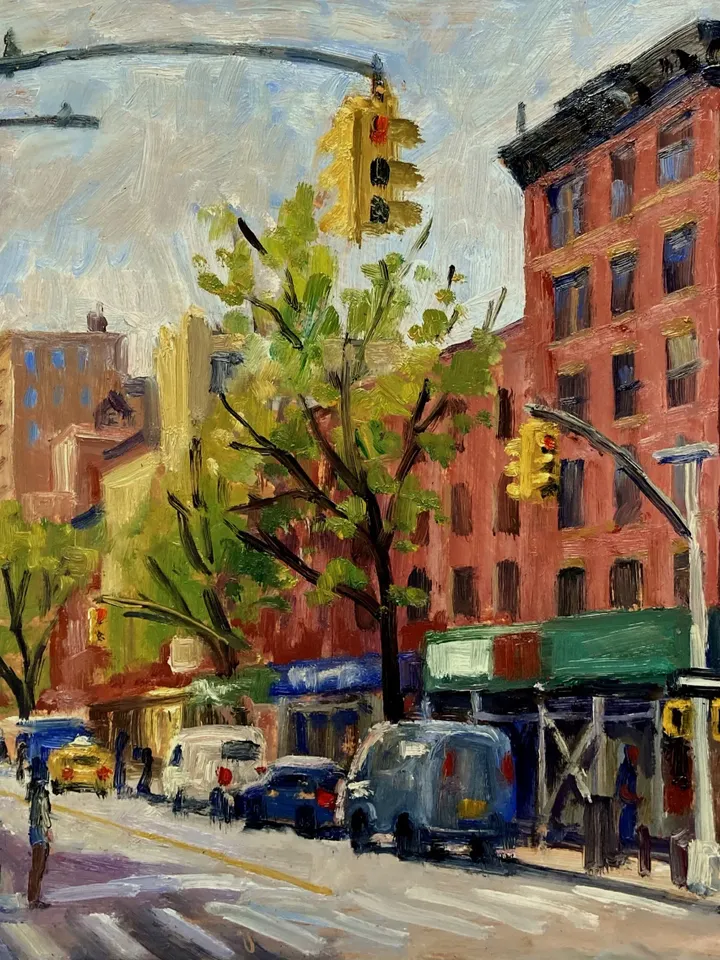 East Village Cityscape Painting - From St Marks Place and Avenue A/NYC - 11x14 Oil on Panel, Urban Impressionist Landscape