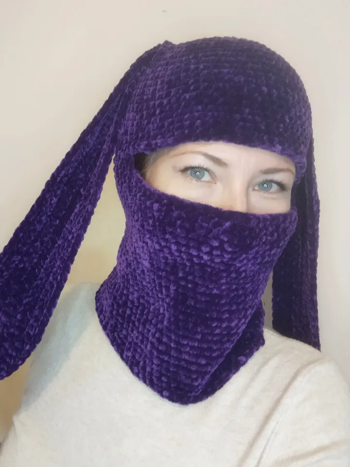Purple bunny balaclava crochet. Fluffy balaclava with bunny ears. Kawaii bunny hat for teens.