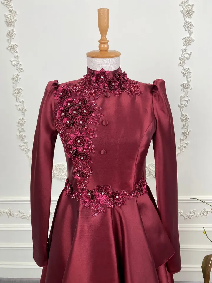 AHUNARE HIJAB - İnci Burgundy Embroidered Satin Wedding Dress, Muslim Evening Gown, Nikah, Islamic Wedding, Engagement, Bridesmaid,
