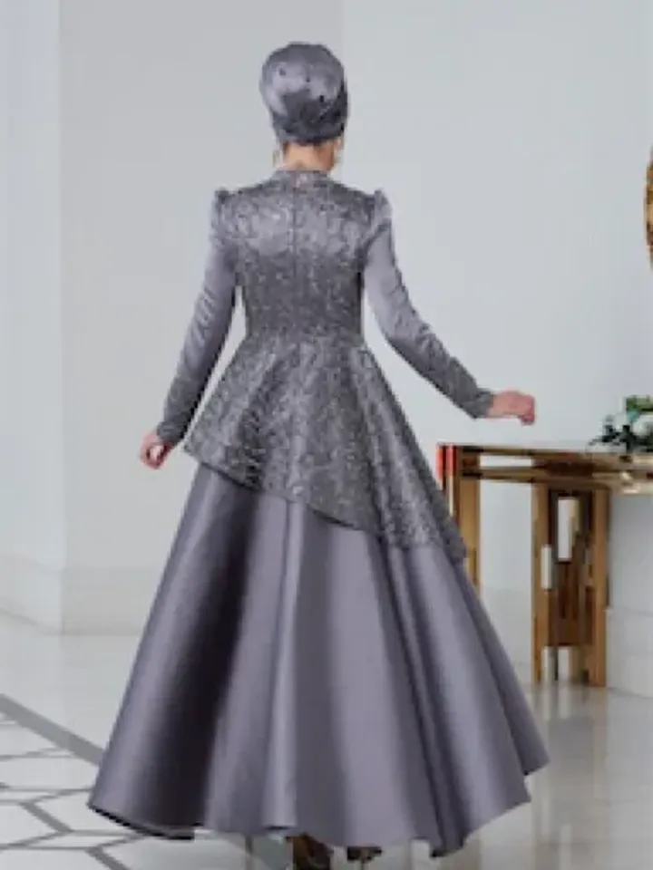 Hürrem Grey Satin Embroidered Ahunare Wedding Dress, Muslim Evening Gown, Nikah, Islamic Wedding, Engagement, Bridesmaid, Maxi Dress