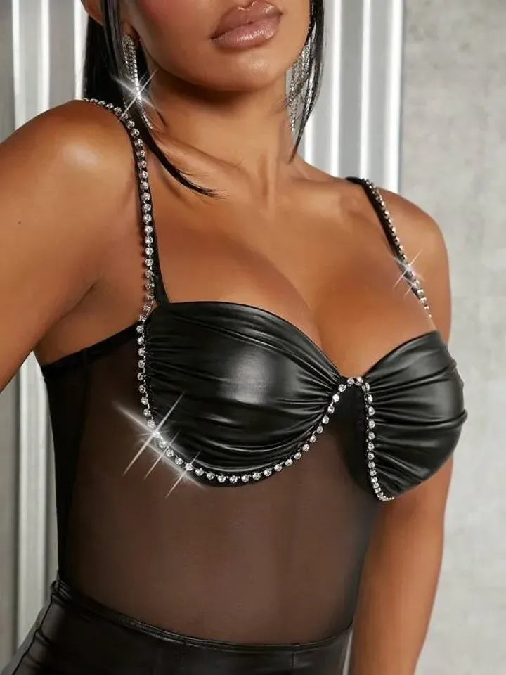 Faux PU Leather Rhinestone Beaded Spaghetti Strap Wide Leg Mesh Bustier Jumpsuit Women Ladies Casual Party Club