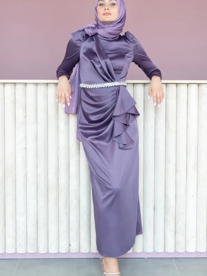 AHUNARE HIJAB - Buket Dress, Satin Dress, Lilac Color, Muslim Evening Dress, Nikah, Wedding, Engagement, Bridesmaid, ,