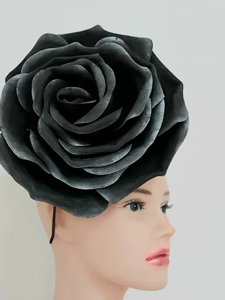Black Snow Rose Fascinator Magic Flower Hair Clip Wedding Headband Church Hat Halloween Gothic style