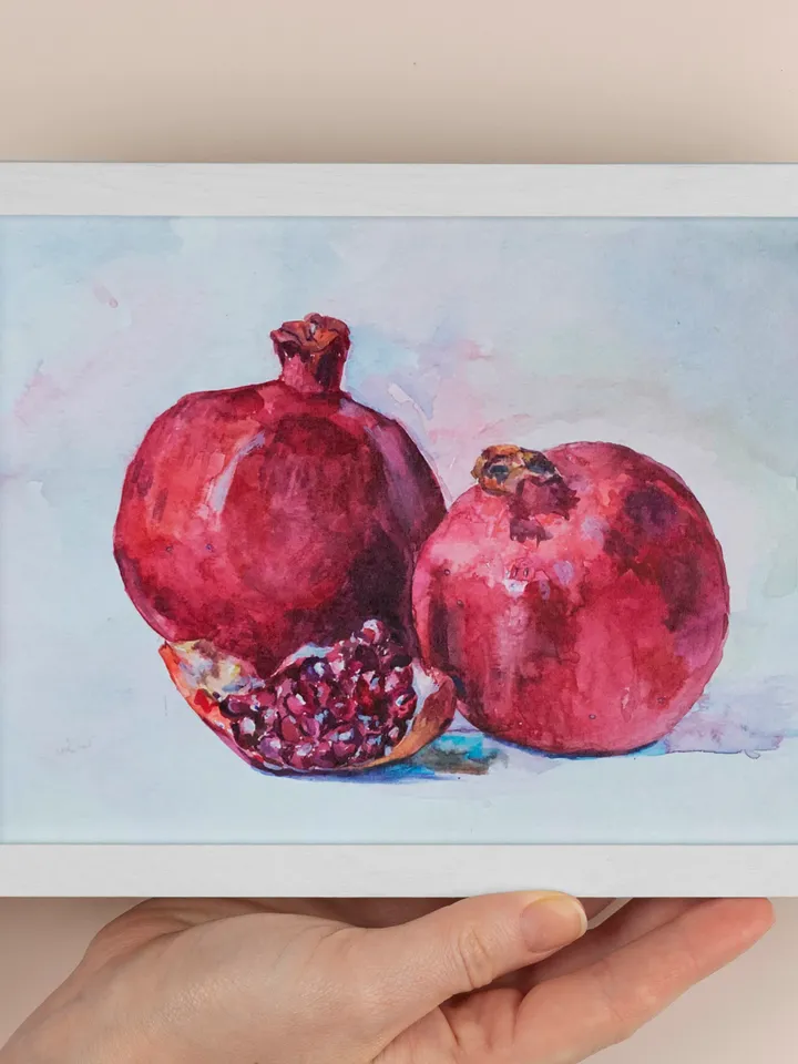 Pomegranates watercolor painting Fruit original art Kitchen small still life