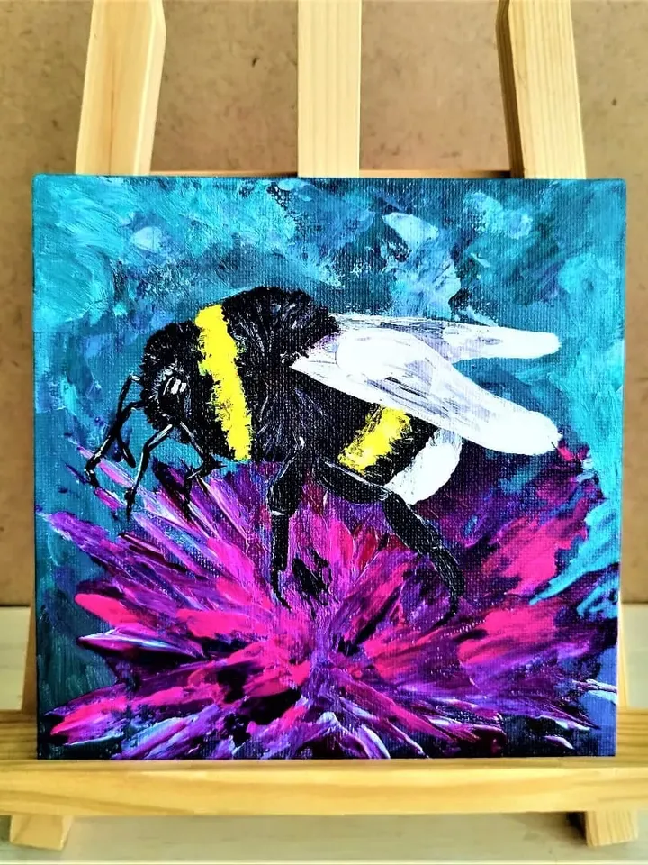 Bumblebee wall art painting insect artwork aster flower pink