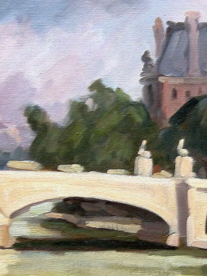 Large Paris Landscape Painting - The Seine/Pont du Louvre/1984- 20x24 Oil on Canvas, Plein Air Impressionist Cityscape, Original Fine Art