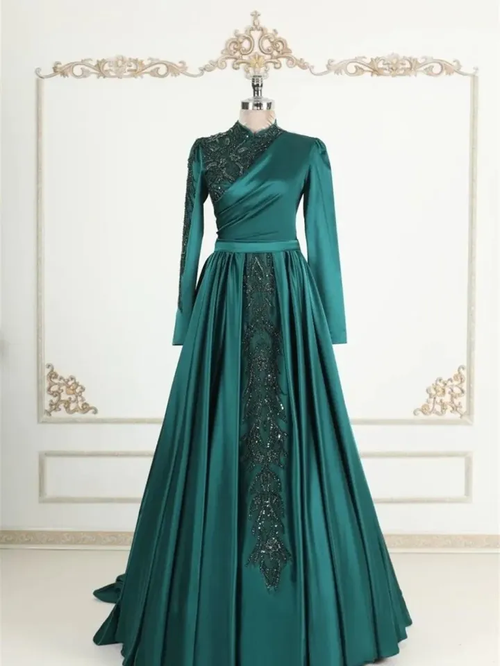 AHUNARE HIJAB - Hürrem Emerald Embroidered Wedding Dress, Muslim Evening Gown, Nikah, Islamic Wedding, Engagement, Bridesmaid,