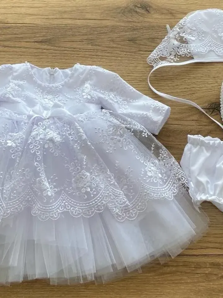 White dress with lace, pearls and tulle, bonnet, panties and shoes for baby girl. Baptism outfit. Christening gown for girl.