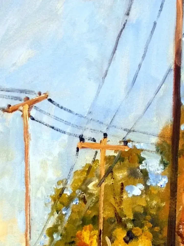 10x20 Autumn Landscape Painting -Houses and Poles/Fall Afternoon- Oil on Panel, Plein Air Impressionism, Signed Original American Fine Art
