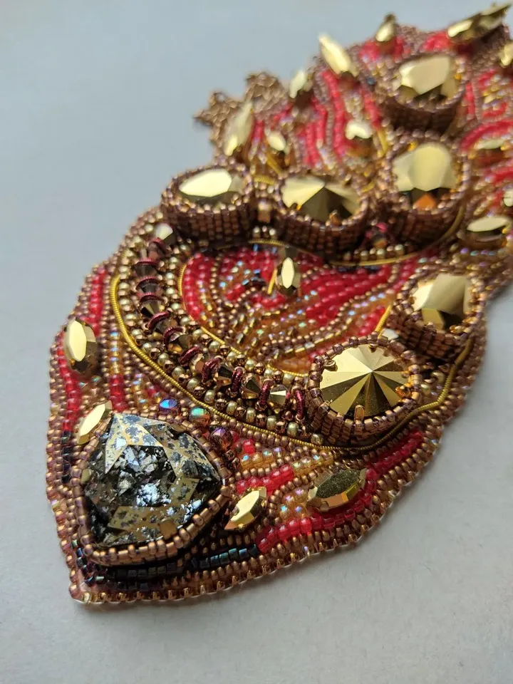 Gold salamander necklace beaded crystal necklace embroidered red pendant