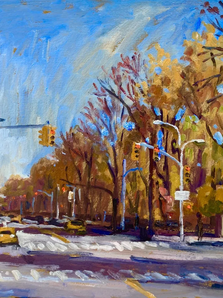 Upper West Side Cityscape Painting - Along Central Park West/NYC - 12x18 Oil on Panel, Signed New York Original