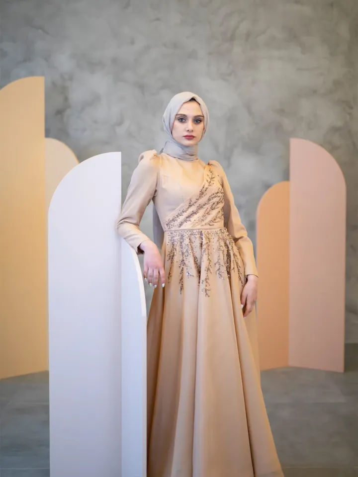 AHUNARE HIJAB - Dilnur Beige Embroidered Wedding Dress, Muslim Evening Gown, Nikah, Islamic Wedding, Engagement, Bridesmaid,