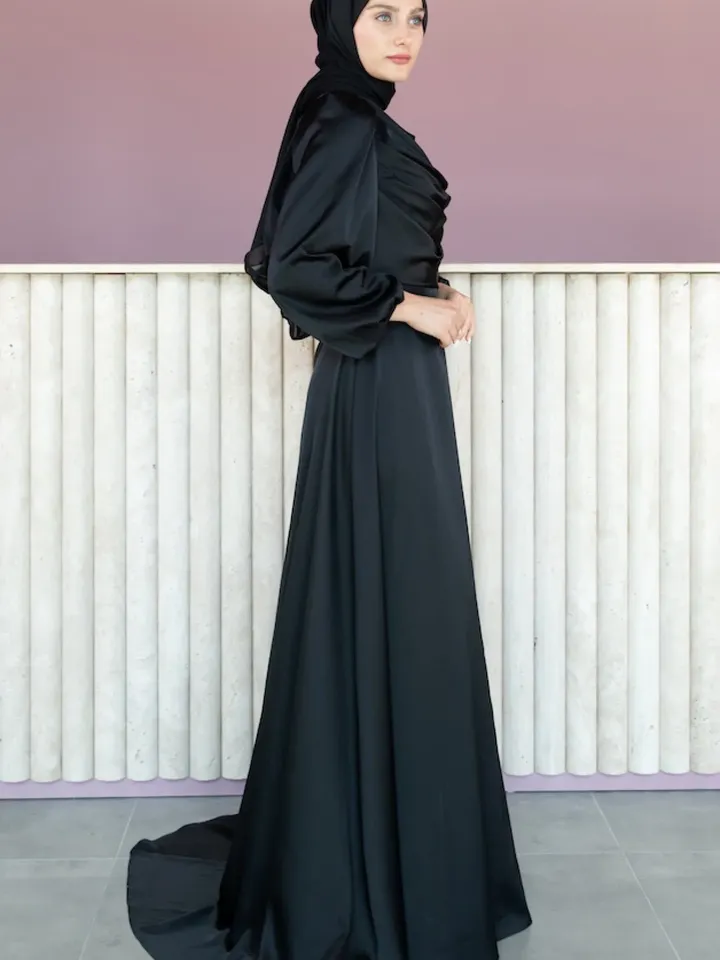 AHUNARE HIJAB - Selvi Dress, Satin Dress, Black Color, Muslim Evening Dress, Nikah, Wedding, Engagement, Bridesmaid, ,