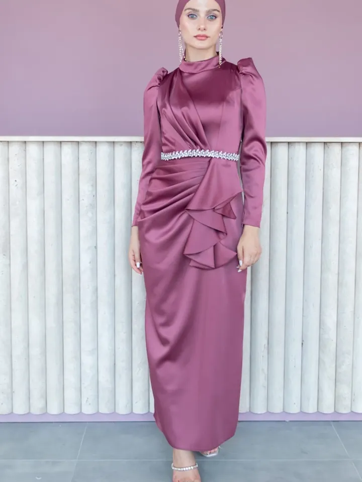 AHUNARE HIJAB - Ahunare - Buket Dress, Satin Dress, Rose Color, Muslim Evening Dress, Nikah, Wedding, Engagement, Bridesmaid, ,