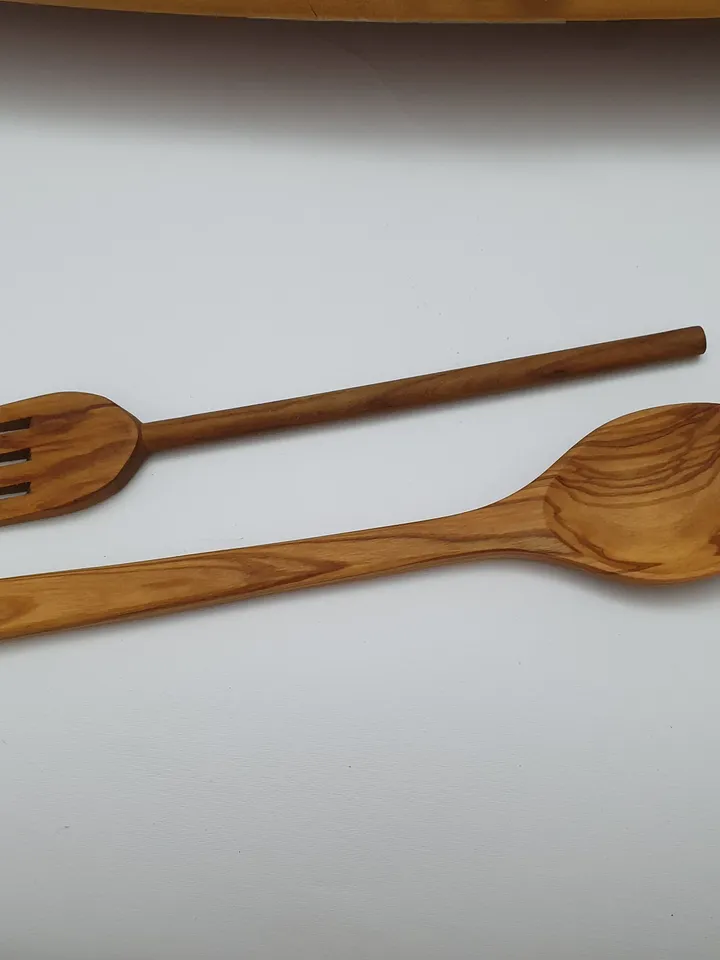 Handcrafted Wooden Spoon long 13.00" + Olive Wood Stirring Fork - Cooking accessories - AKwood Utensils - Made in Albania