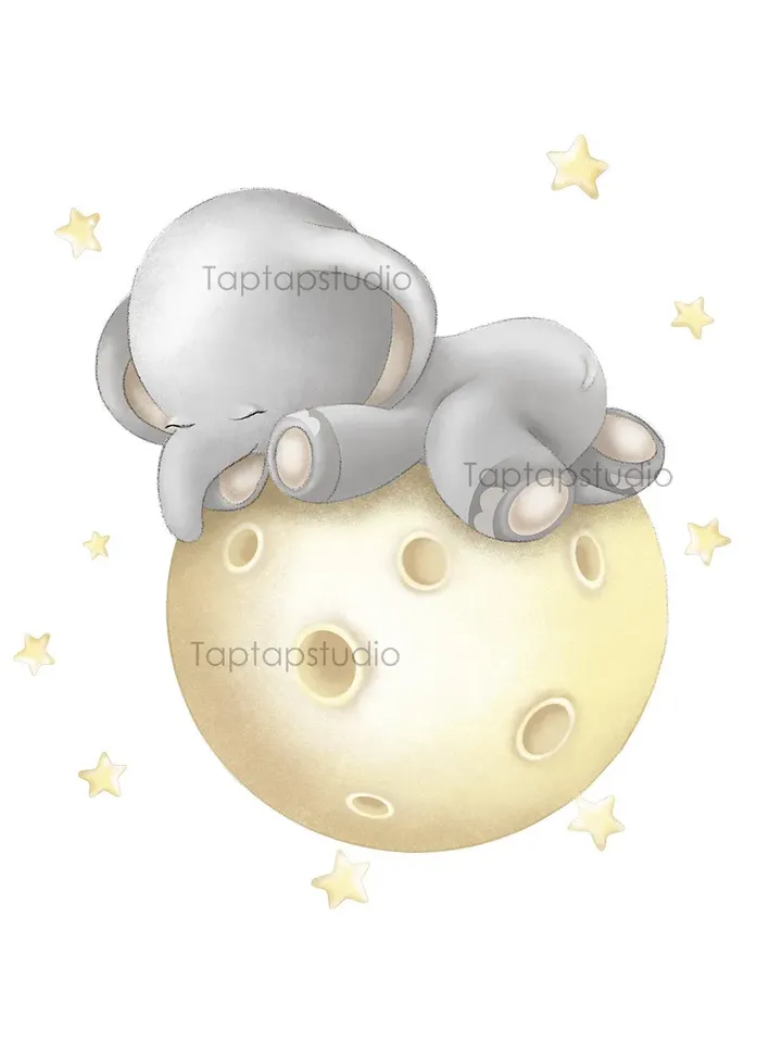 cute sleeping little elephant moon digital print, png printable, Watercolor illustration, baby shower invitation, Clipart, animal, nursery