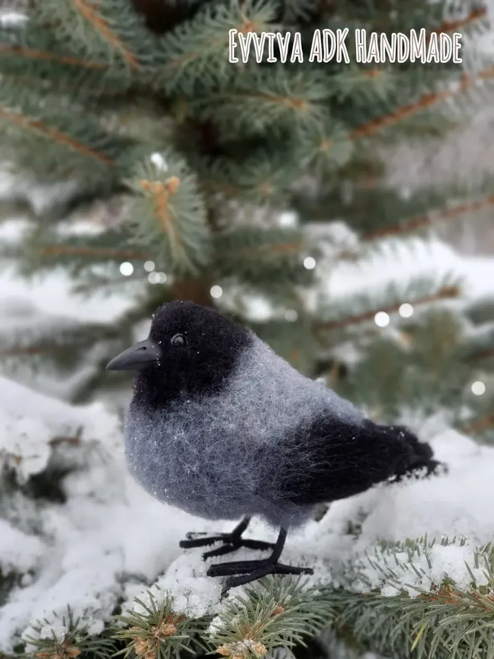 Gray crow. Natural wool sculpture