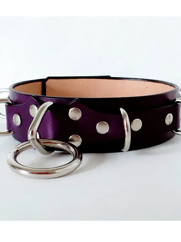 Handmade purple leather bdsm collar o-ring custom size