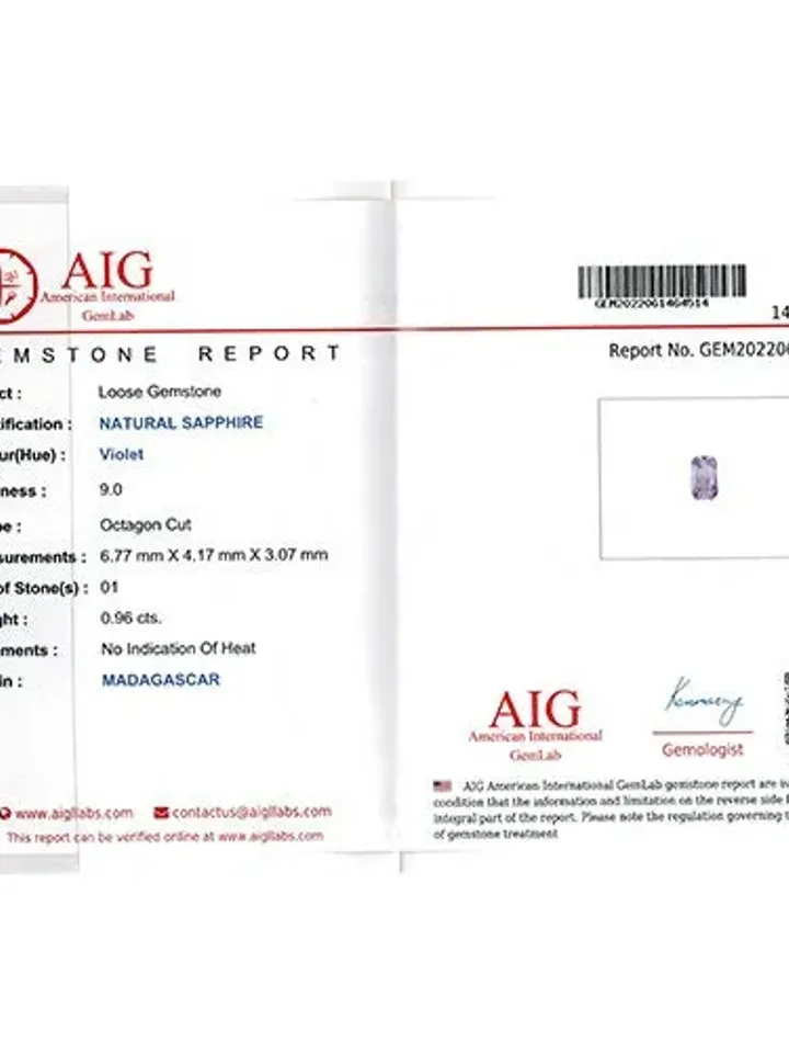 0.96 CT AIG Certified Stunning Unheated 100% Natural Violet Sapphire Madagascar