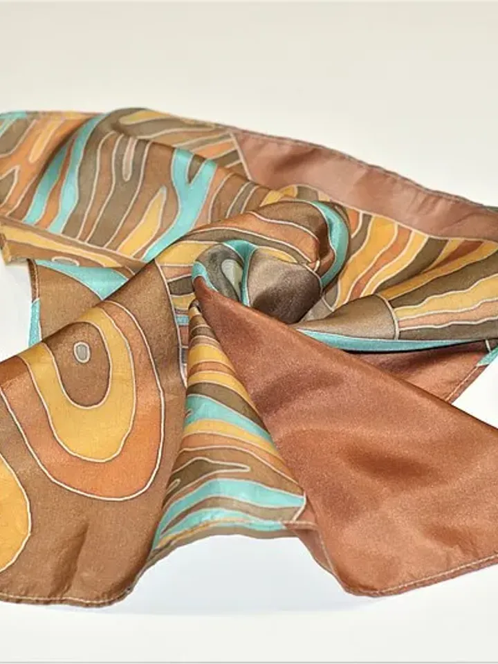Brown with turquoise silk scarf hand painted batik Small square silk scarves
