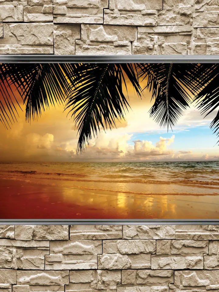Palm and Sea Landscape Print on Canvas , Floating Frame Option, Modern Wall Art, Extra Large Canvas Wall Art