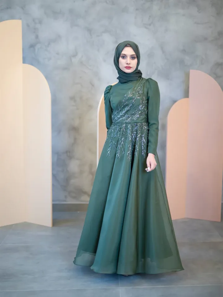 Dilnur Green Ahunare Embroidered Wedding Dress, Muslim Evening Gown, Nikah, Islamic Wedding, Engagement, Bridesmaid, Maxi Dress