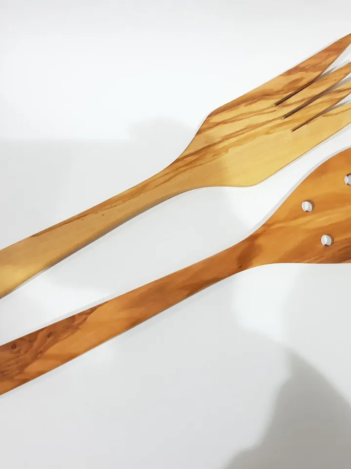Wooden Set of Big Fork (Forchettone) + Big Spatula with 6 holes 13.78 Inches - AKwood - You will get what you see!