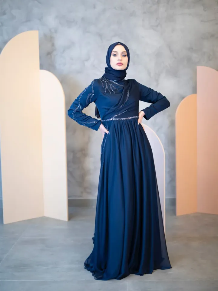 AHUNARE HIJAB - Şura Navy Blue Chiffon Wedding Dress, Muslim Evening Gown, Nikah, Islamic Wedding, Engagement, Bridesmaid,