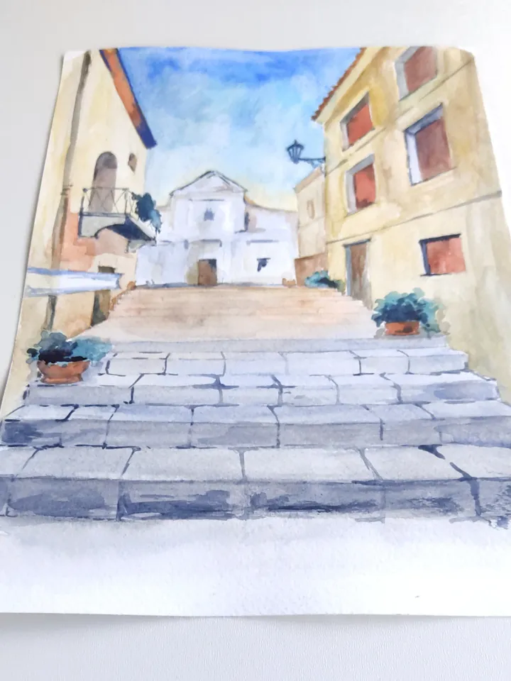 Italian flower Street Painting Original Watercolor Art landscape Miniature Artwork painting
