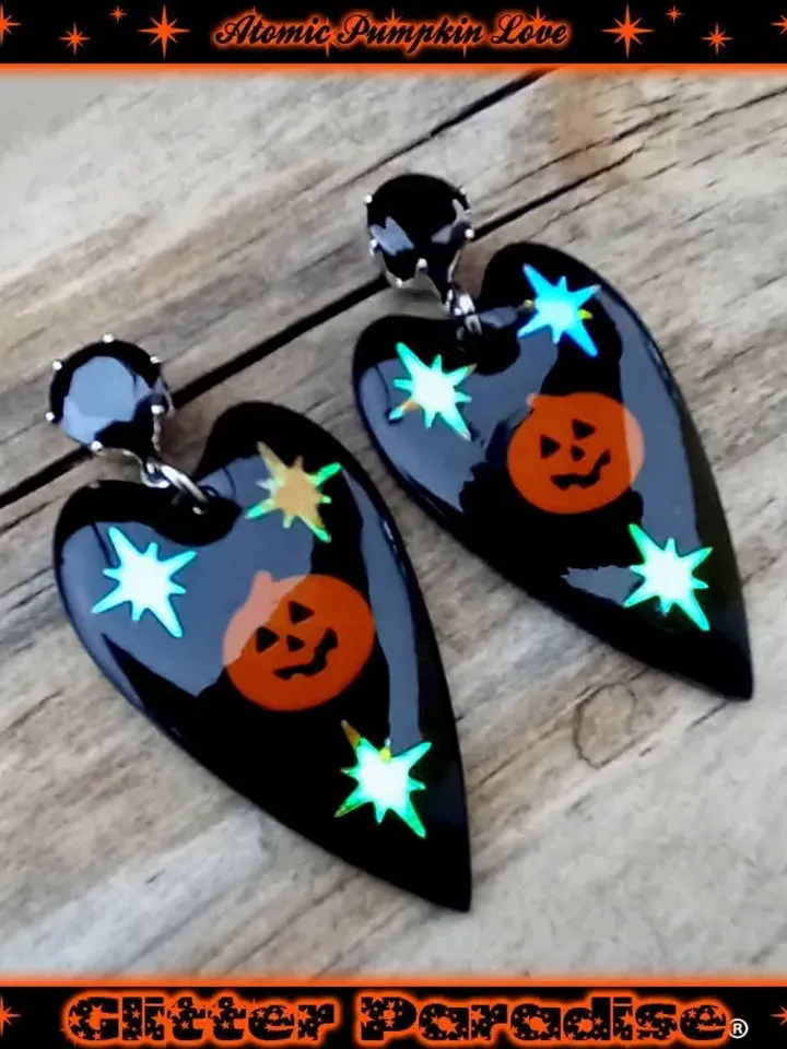 Atomic Pumpkin Love - Earrings - Pumpkin Jewelry - Halloween Earrings - Halloween Jewelry - Retro Halloween - Pumpkins - Glitter Paradise®