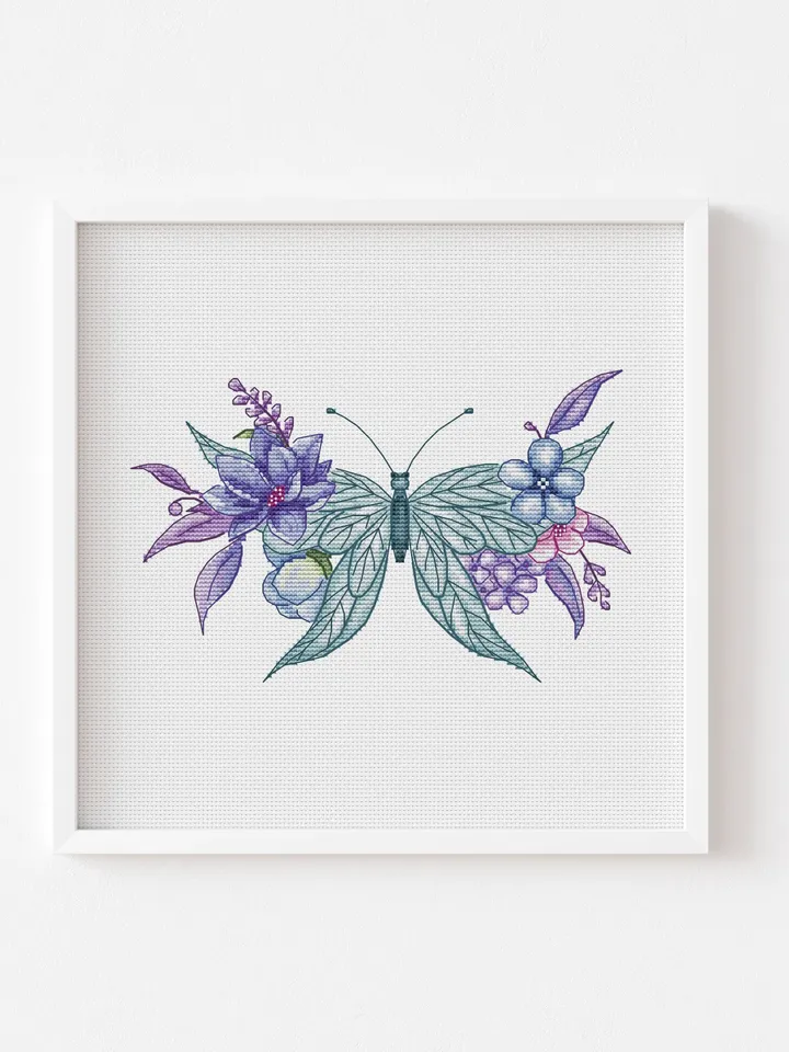 Floral Butterfly Modern Cross Stitch Pattern, Flower Counted Cross Stitch Chart, Nature embroidery, Instant Download PDF