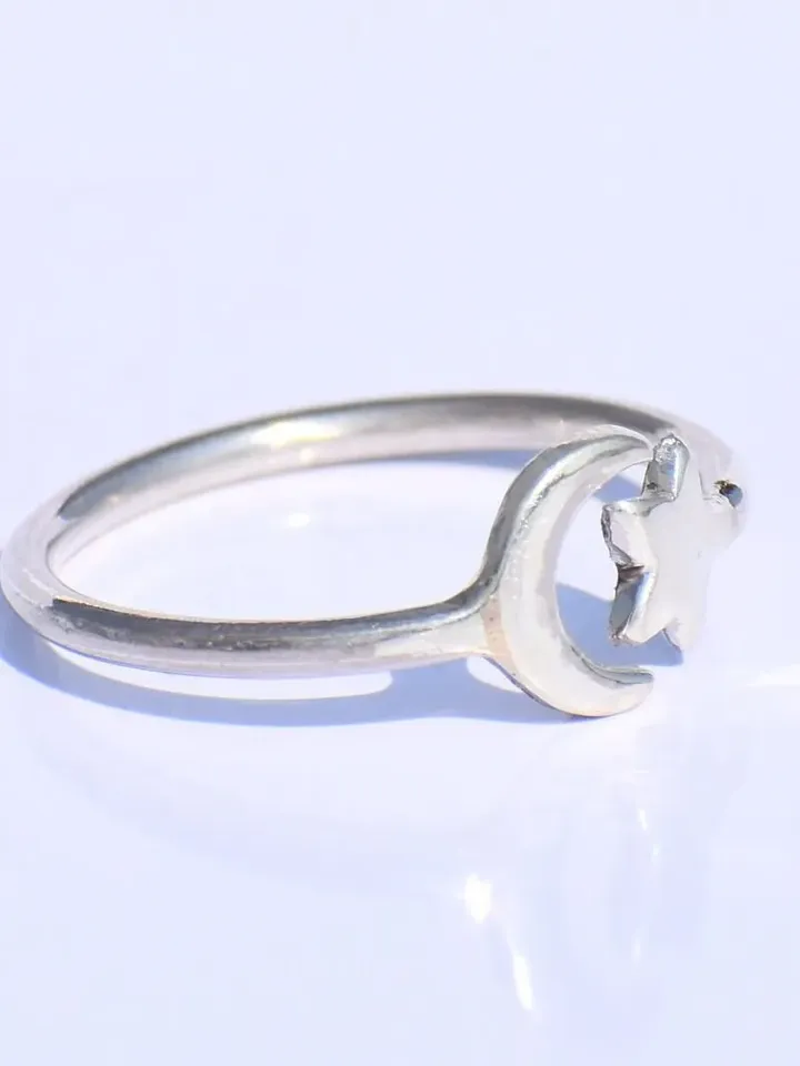 Silver Star Ring, Silver Crescent Ring, 925 Silver Ring, Handmade Ring, Adjustable Ring, Silver Dainty Ring, Bohemian Ring, Stacking Jewelry