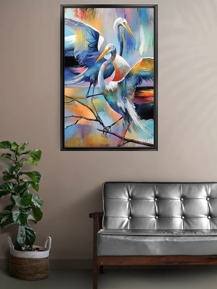 Abstract colorful storks Print on Canvas , Floating Frame Option, Modern Wall Art, Extra Large Canvas Wall Art