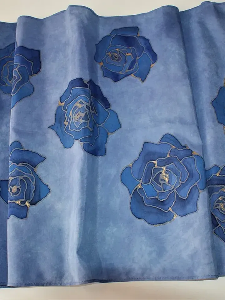 Silk cotton blend scarf Hand painted scarf Indigo blue scarf wrap Floral scarves