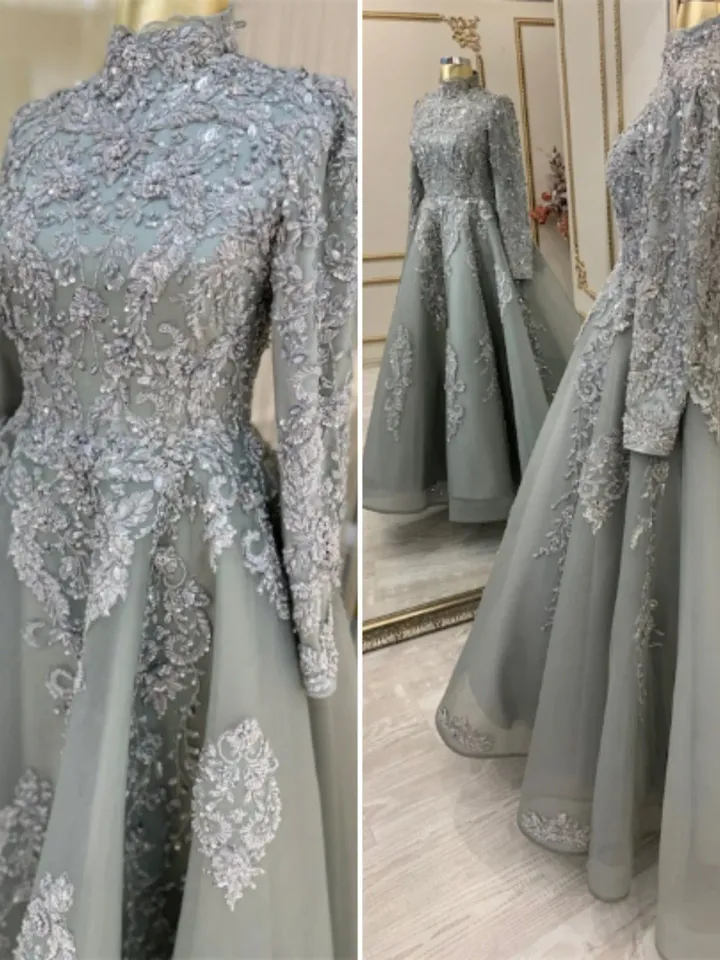 AHUNARE HIJAB - Linda Mint Embroidered Wedding Dress, Muslim Evening Gown, Nikah, Islamic Wedding, Engagement, Bridesmaid,