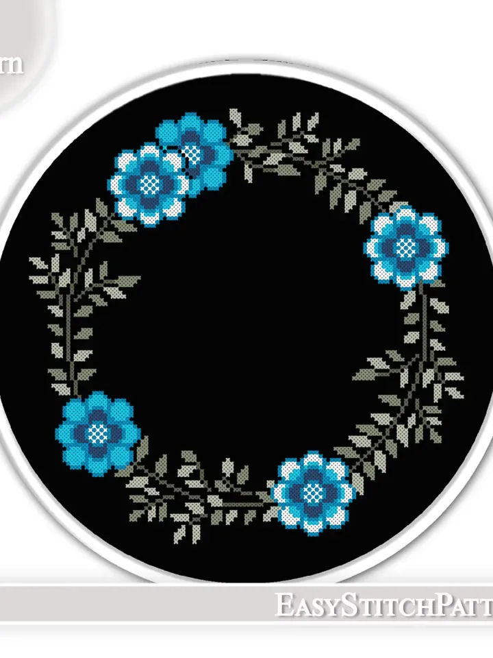 Floral Wreath cross stitch pattern. Flower frame cross stitch. Modern cross stitch.