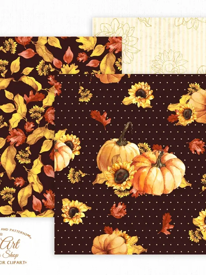 Digital paper pack. Watercolor sunflower and Pumpkin clipart digital backgrounds