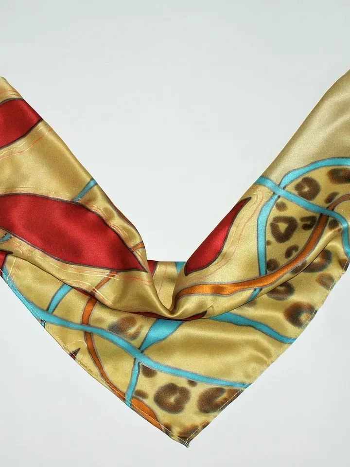 Small square silk neck scarf Red and gold silk scarf hand painted batik