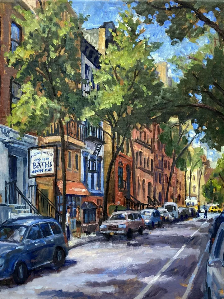 East Village Cityscape Painting - From 10th Street Russian Baths/NYC - 16x20 Oil on Linen, Original Landscape